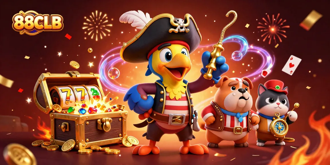 Play slots and win with 88CLB in this vibrant 3D casino scene of treasure and adventure.