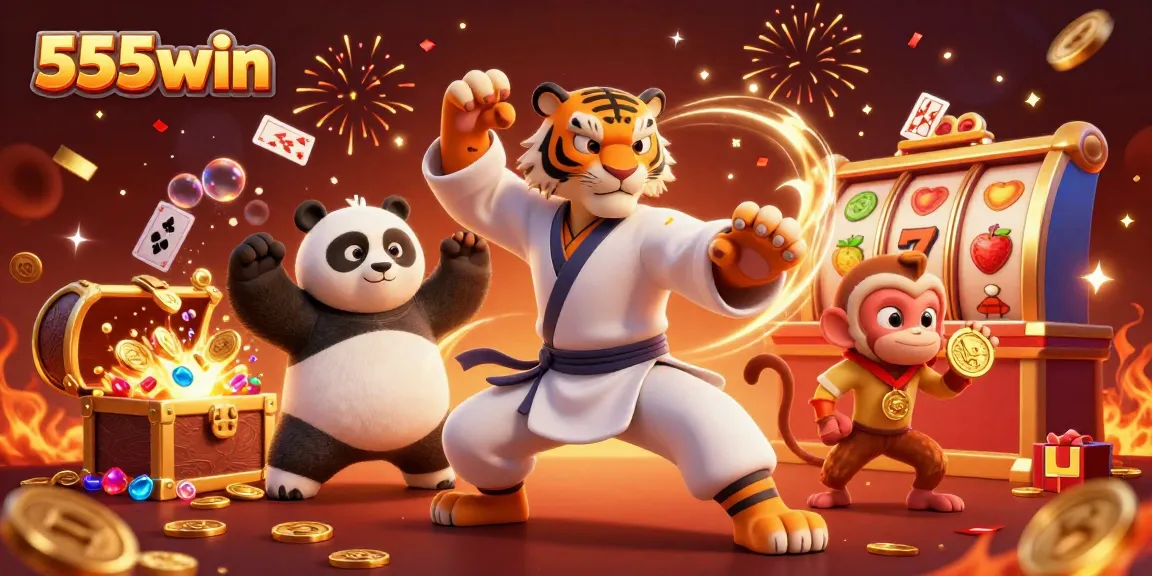 Engage with thrilling slots at 555win as cartoon characters celebrate jackpot wins in vibrant casino art.