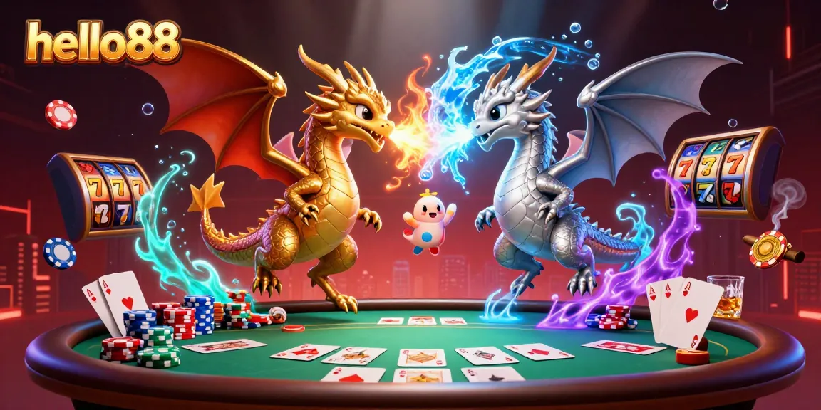 Engage in thrilling casino action with hello88, featuring an epic scene of dragons, poker chips, and slot elements.