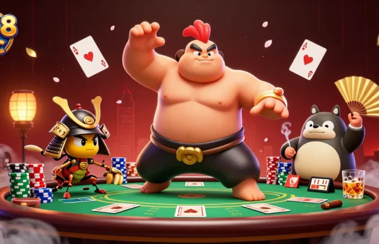 Experience the excitement of alo8 kjc with a powerful sumo wrestler at a poker table in a dazzling casino scene.