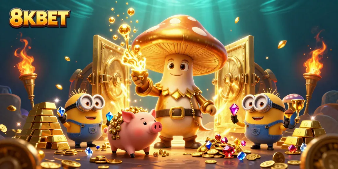 8KBET captivates players with a rich treasure scene featuring magical characters and casino elements.
