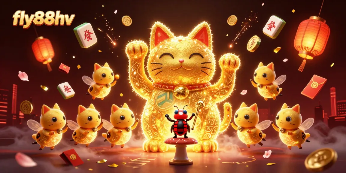 Experience thrilling gaming action with fly88hv's immersive illustration of a golden lucky cat, embodying luck in casino adventures.
