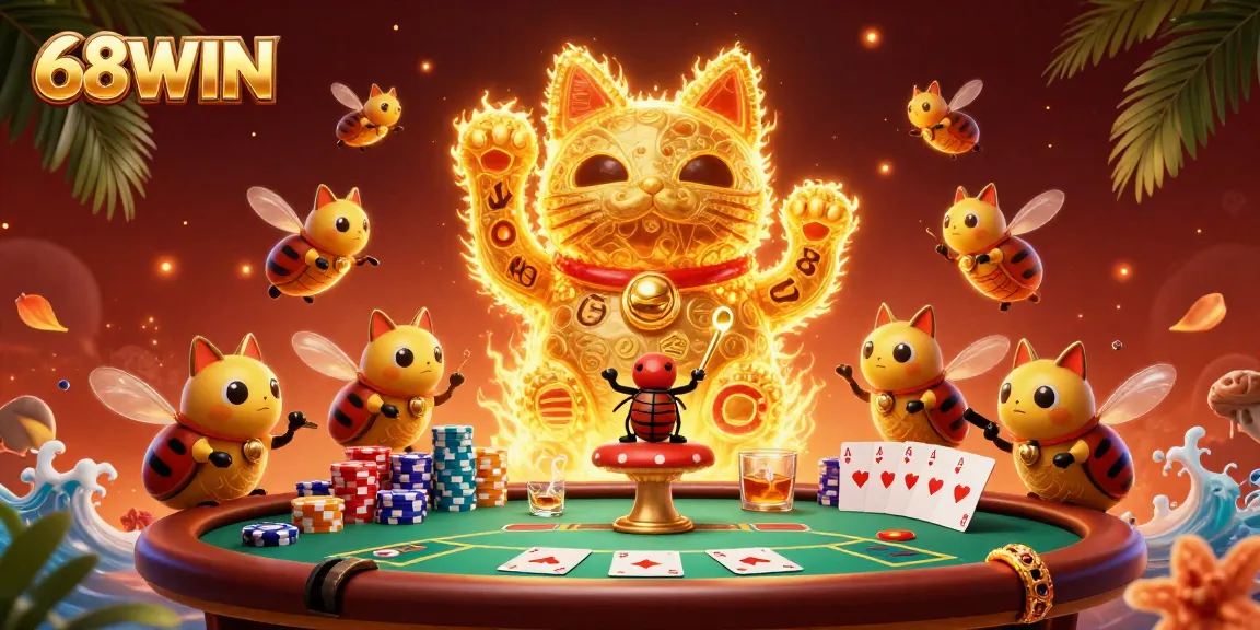 Experience thrilling gambling with 68WIN, where golden fireflies form a lucky cat among dynamic casino elements.