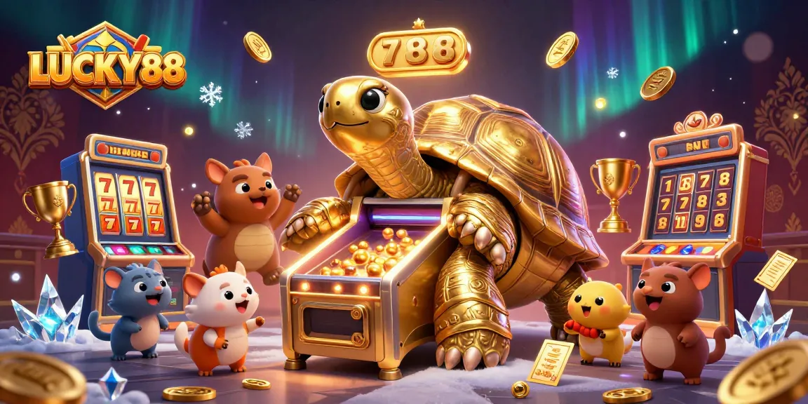 Experience excitement with LUCKY88's golden tortoise pinball casino scene, featuring dynamic slot elements.