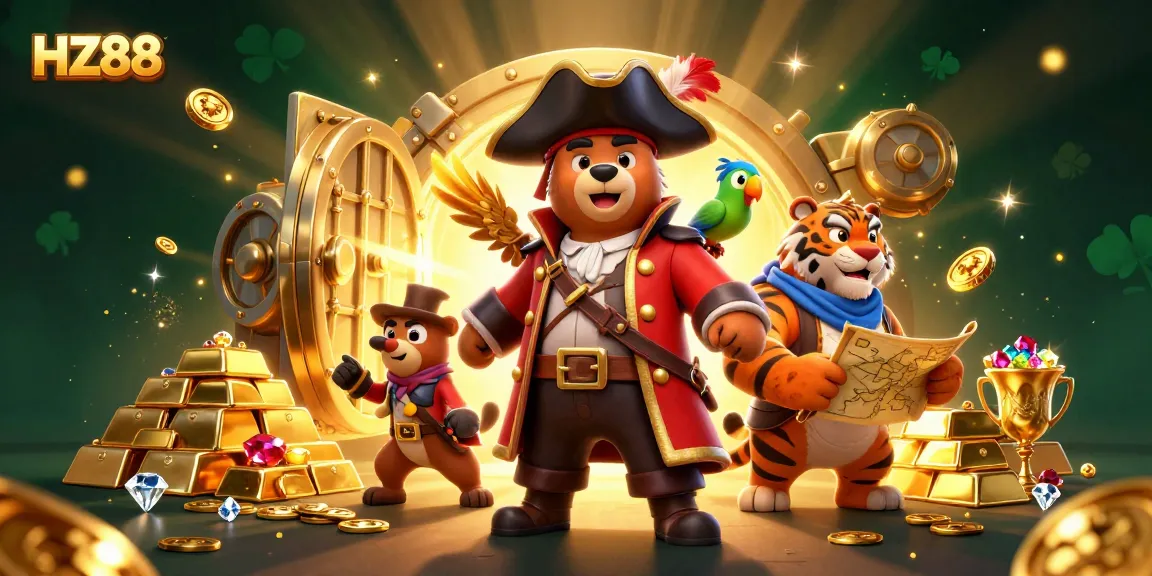 Experience HZ88 with vibrant cartoon characters in a dazzling animated casino treasure scene.