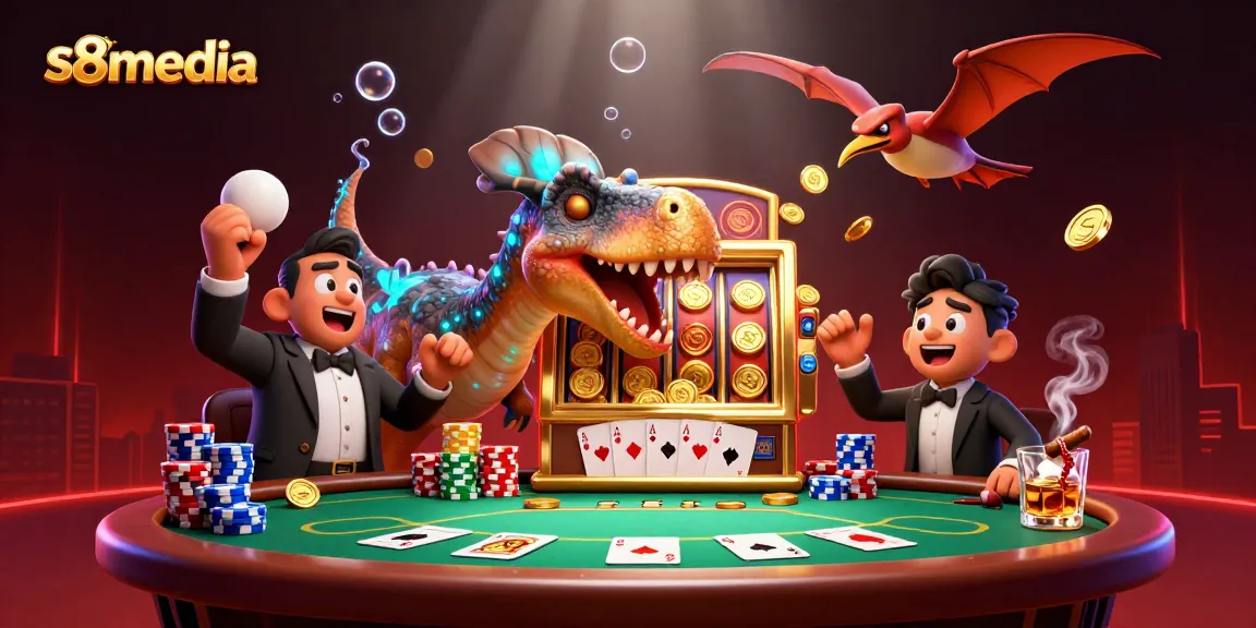 S8media depicts a pachycephalosaurus winning coins at a golden slot machine in a vibrant casino scene.