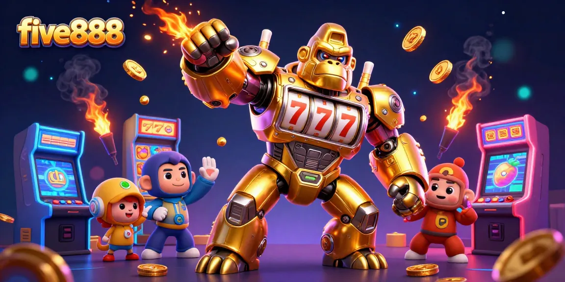 Experience thrilling slots action at five888 with a dynamic golden gorilla mech and vibrant casino elements.