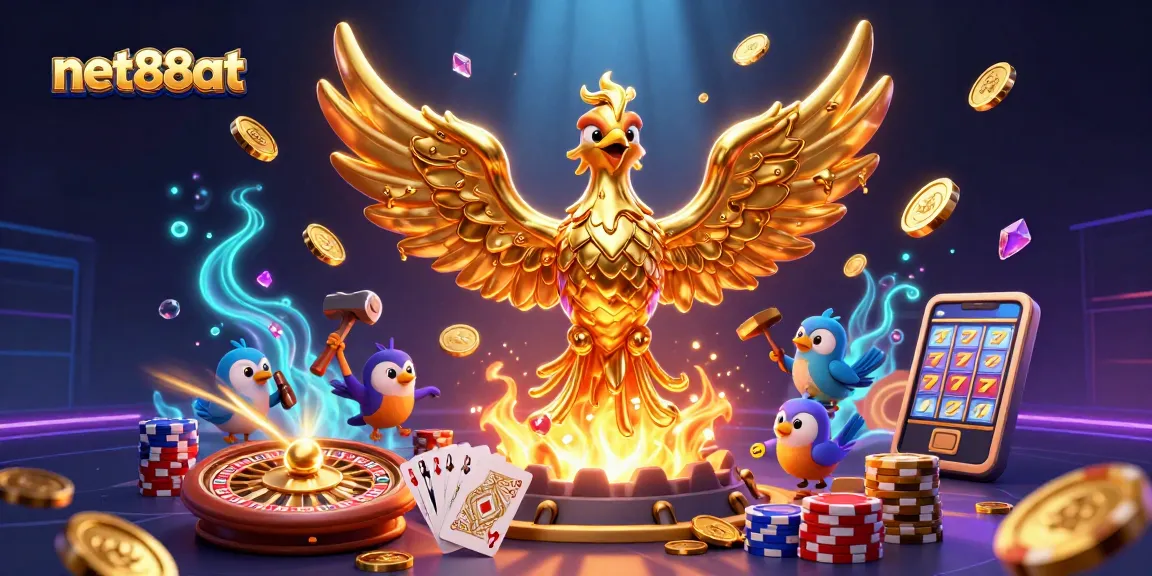 Win big with net88at's dynamic casino experience featuring a golden phoenix and vibrant gaming elements.