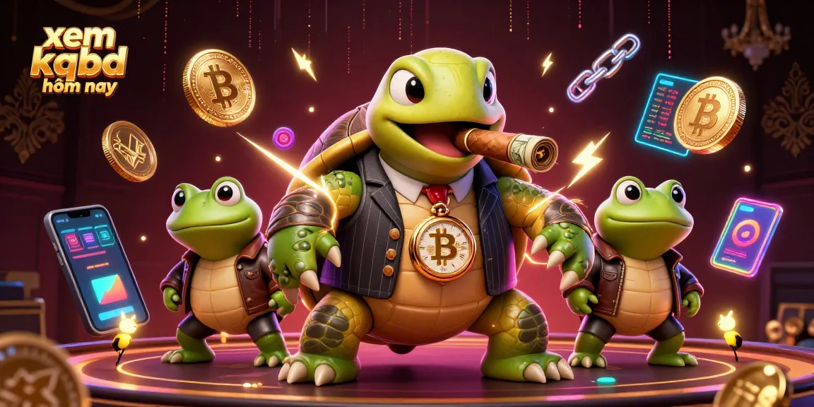 Engage with xem kqbd hôm nay for accurate football results as a cartoon turtle and bullfrogs roam a neon casino.