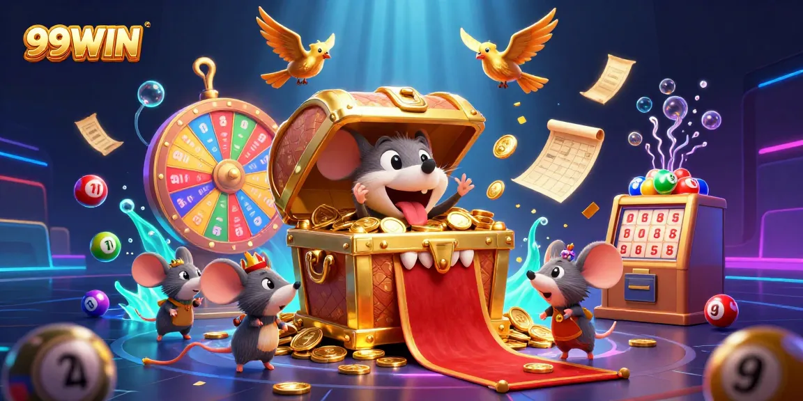 Engage in thrilling casino action with 99WIN as adventurer mice find treasure amidst golden casino elements.