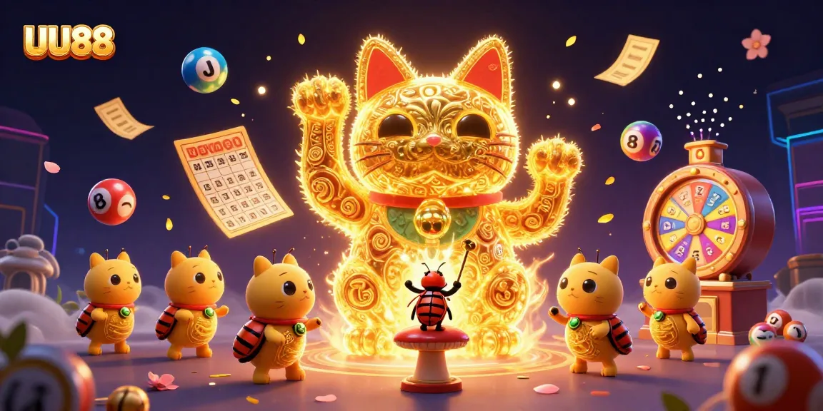 Engage with the vibrant UU88 casino experience featuring golden fireflies, lucky cat symbols, and dynamic lottery elements.