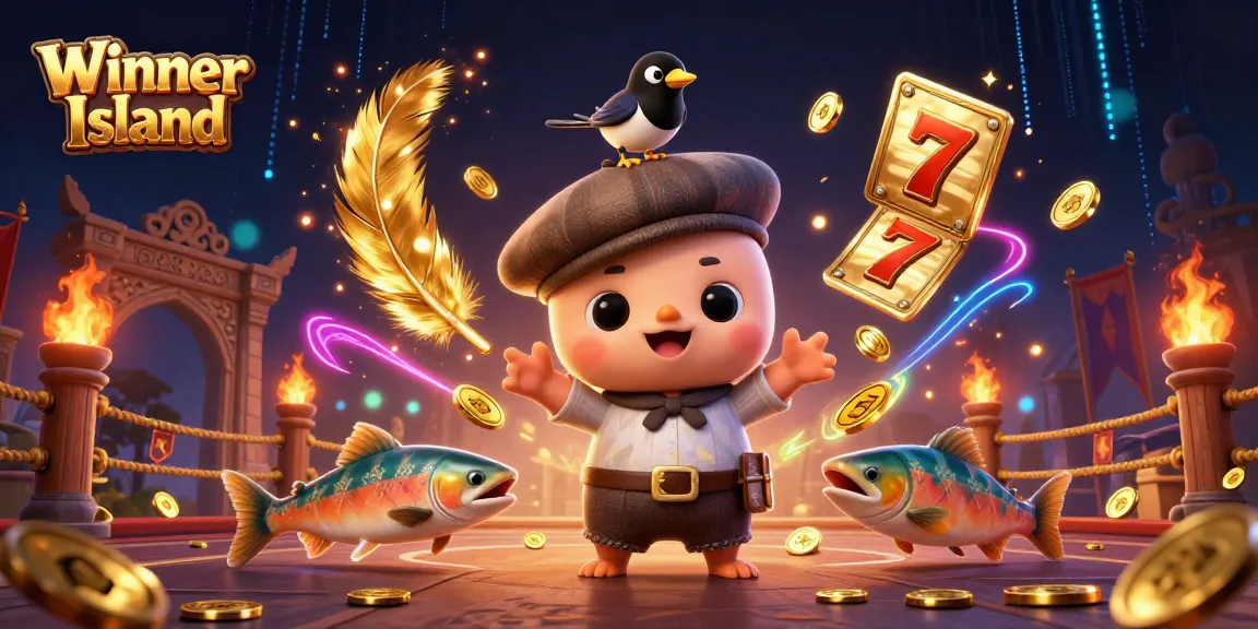 Winner Island showcases vibrant slot elements with playful cartoon characters in a dynamic casino scene.