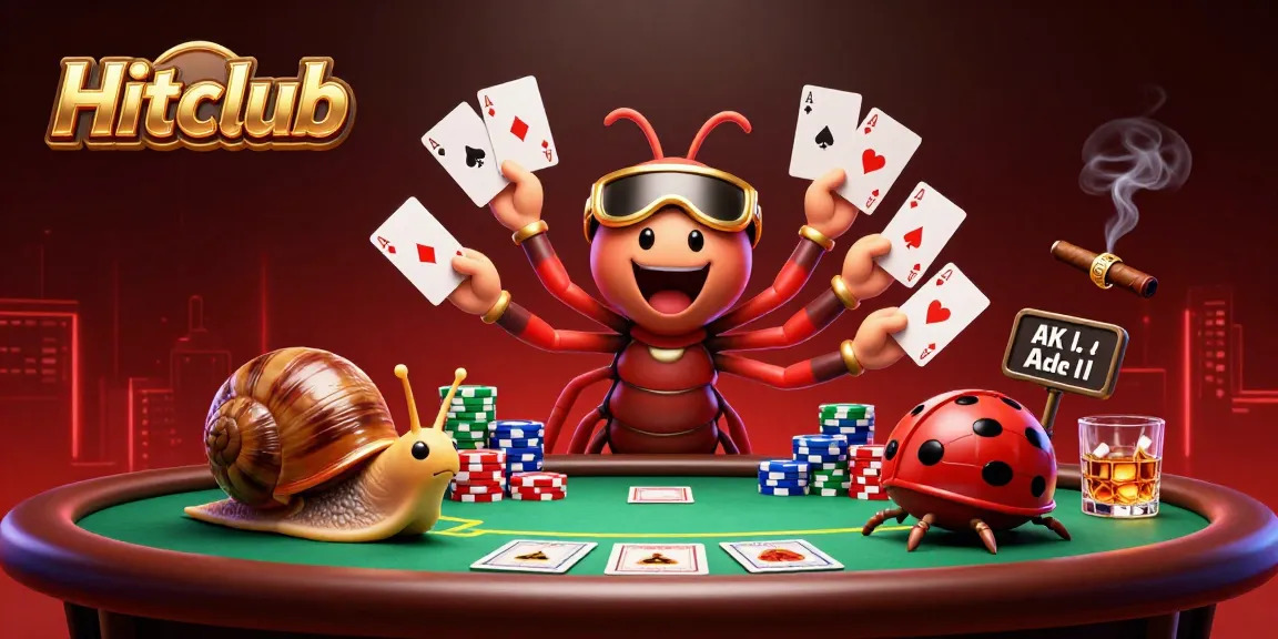 Hitclub features a dynamic casino scene with a millipede dealer, playing cards, and chip stacks, showcasing excitement.