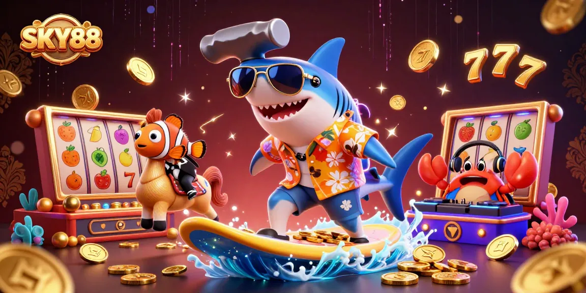 SKY88 brings dynamic slot excitement with a hammer-head shark surfing on gold coins.