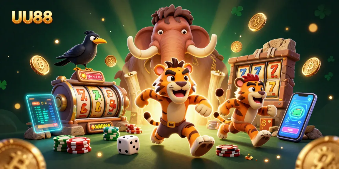 Experience thrilling slots at UU88 with an engaging prehistoric casino scene featuring unique characters and vibrant elements.
