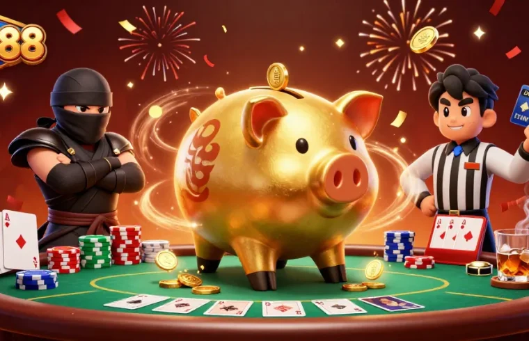 U888 showcases a golden piggy bank sumo wrestler shaking coins, invoking excitement in online gambling.