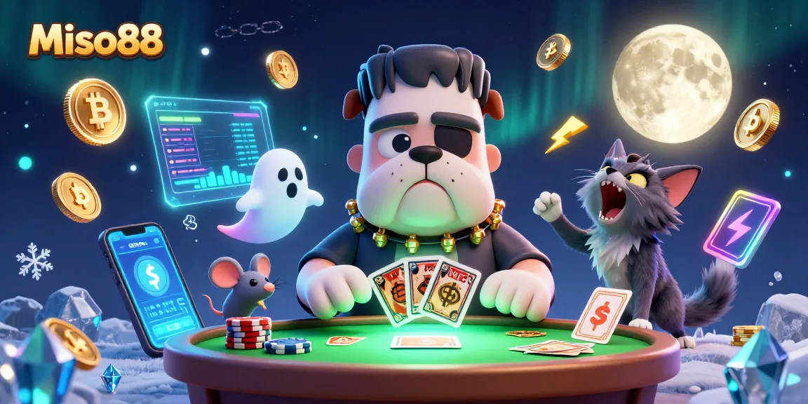 Miso88 engages players with a spooky casino scene featuring a unique Frankenstein bulldog dealer at a vibrant gaming table.