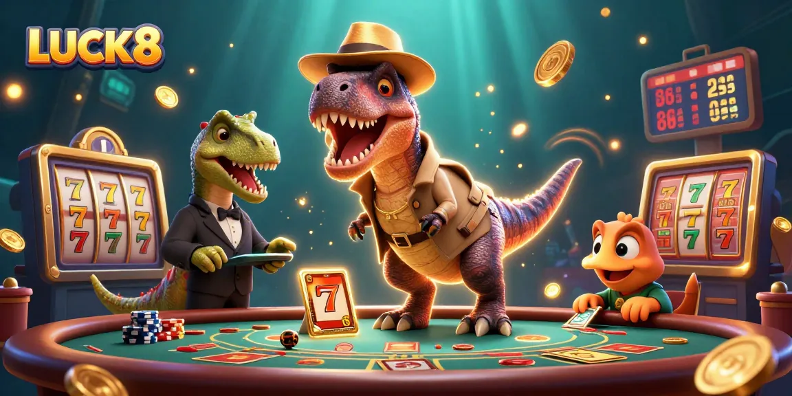 Join the excitement at LUCK8 with a thrilling 3D casino scene featuring dynamic games and animated characters.