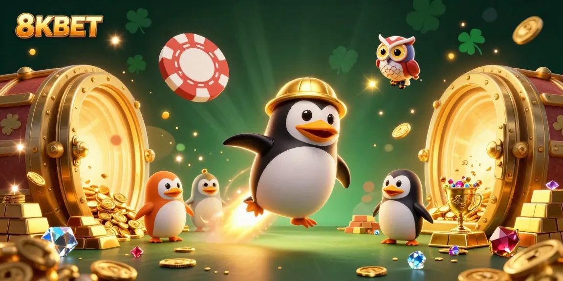 Engage with 8KBET at a vibrant casino space station featuring a golden penguin and treasures.