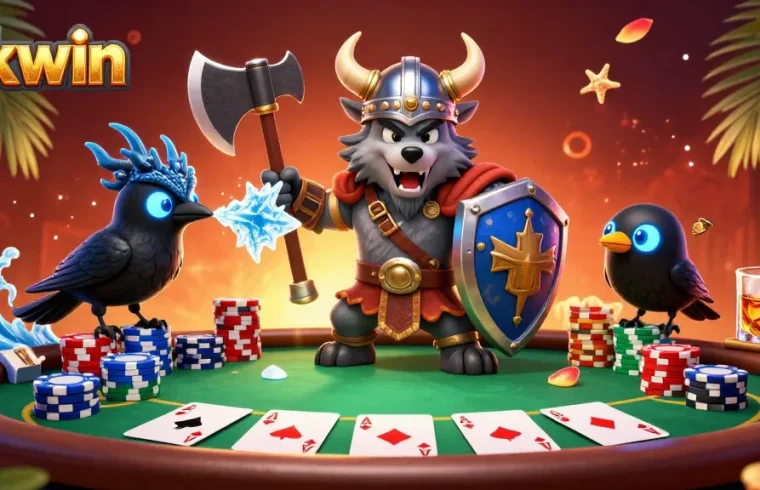 Engage in Okwin's thrilling poker scene with a Viking warrior, dragon, and vibrant game elements.