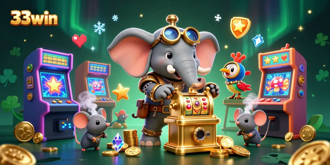 Win big at 33win while playing vibrant 3D slots and arcade games in this immersive casino illustration.