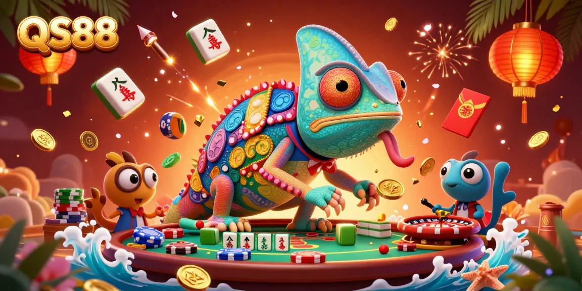 Engage with QS88's vibrant casino world featuring a lively chameleon owner amidst dynamic gaming elements.