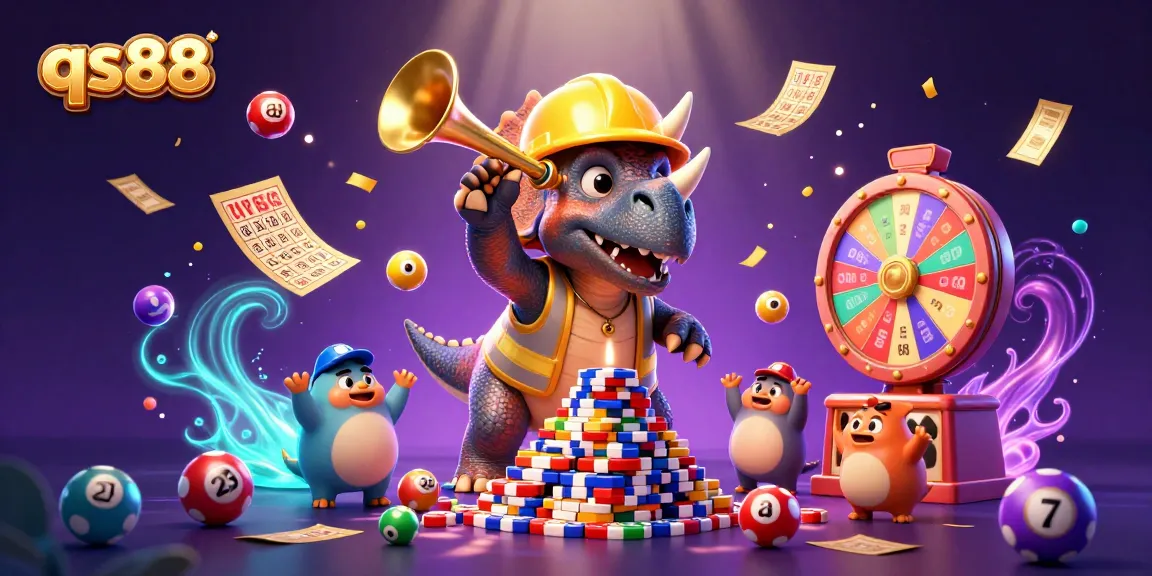 Engage in thrilling casino games with qs88 as triceratops builds poker chip pyramid in celebration.