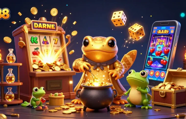 Experience the thrill of ea88 with a vibrant 3D illustration of a casino fantasy scene full of gold and adventure.