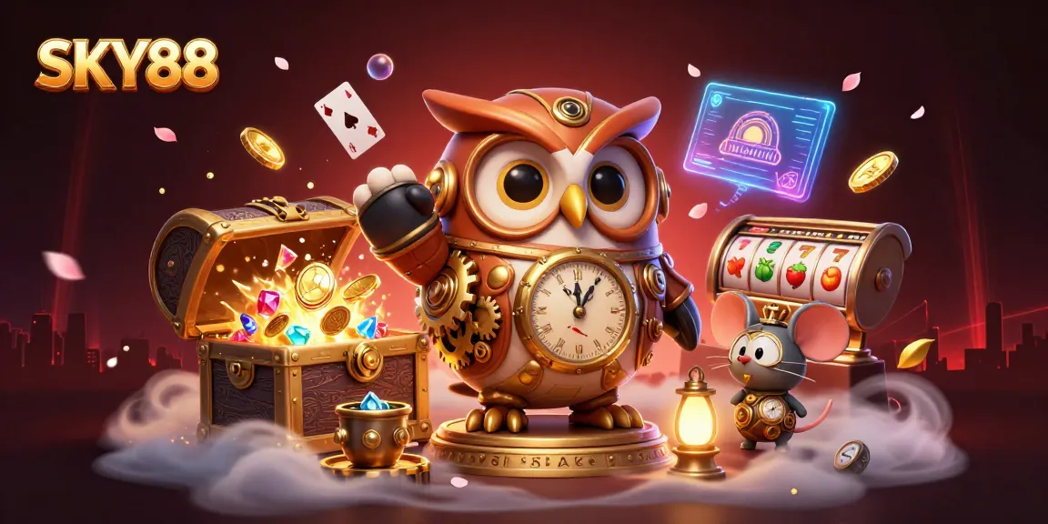 Engage with SKY88's vibrant casino adventures featuring a time-traveler owl amidst dazzling treasures.