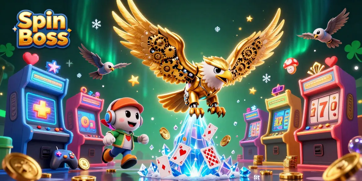 Experience the thrill of Spin Boss with a vibrant scene of a golden eagle, casino elements, and gaming machines.