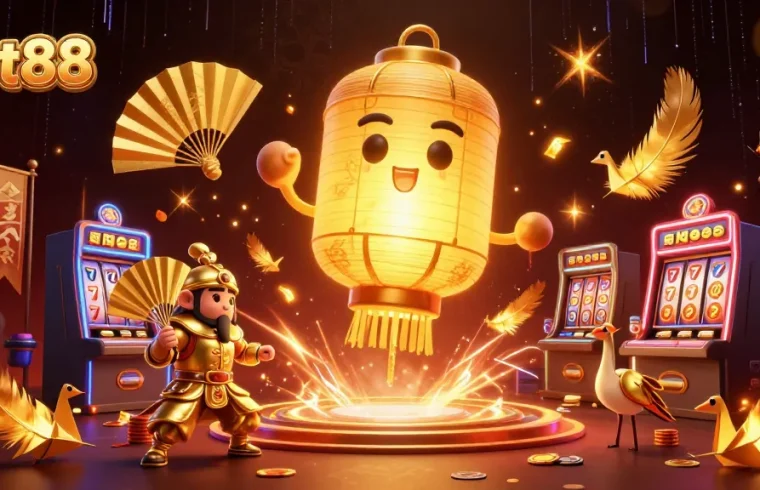 Bet88 showcases a vibrant 3D casino scene with glowing lantern spirit, slot machines, and dynamic elements.