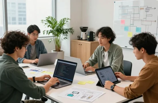 Team collaborating to build internal tools with AI in a modern office environment.