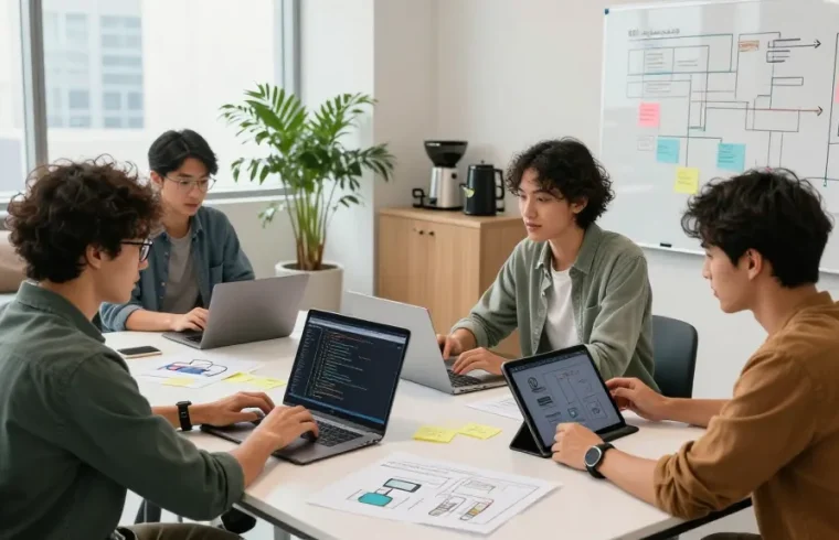 Team collaborating to build internal tools with AI in a modern office environment.