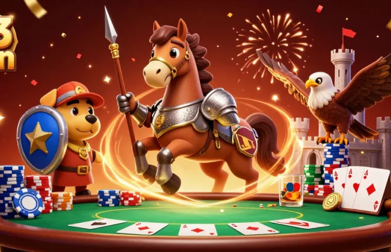 Engage with epic 33 win poker battles featuring knights and festive casino elements.