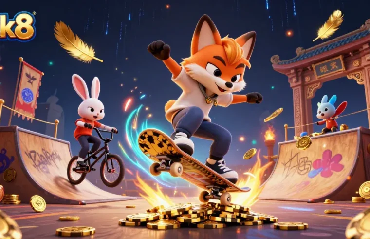 Experience luck8 in action as a cartoon fox performs a kickflip on golden poker chips, showcasing vibrant casino energy.